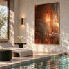 Copper Brown Weathered Canvas Painting shown in a poolside interior.