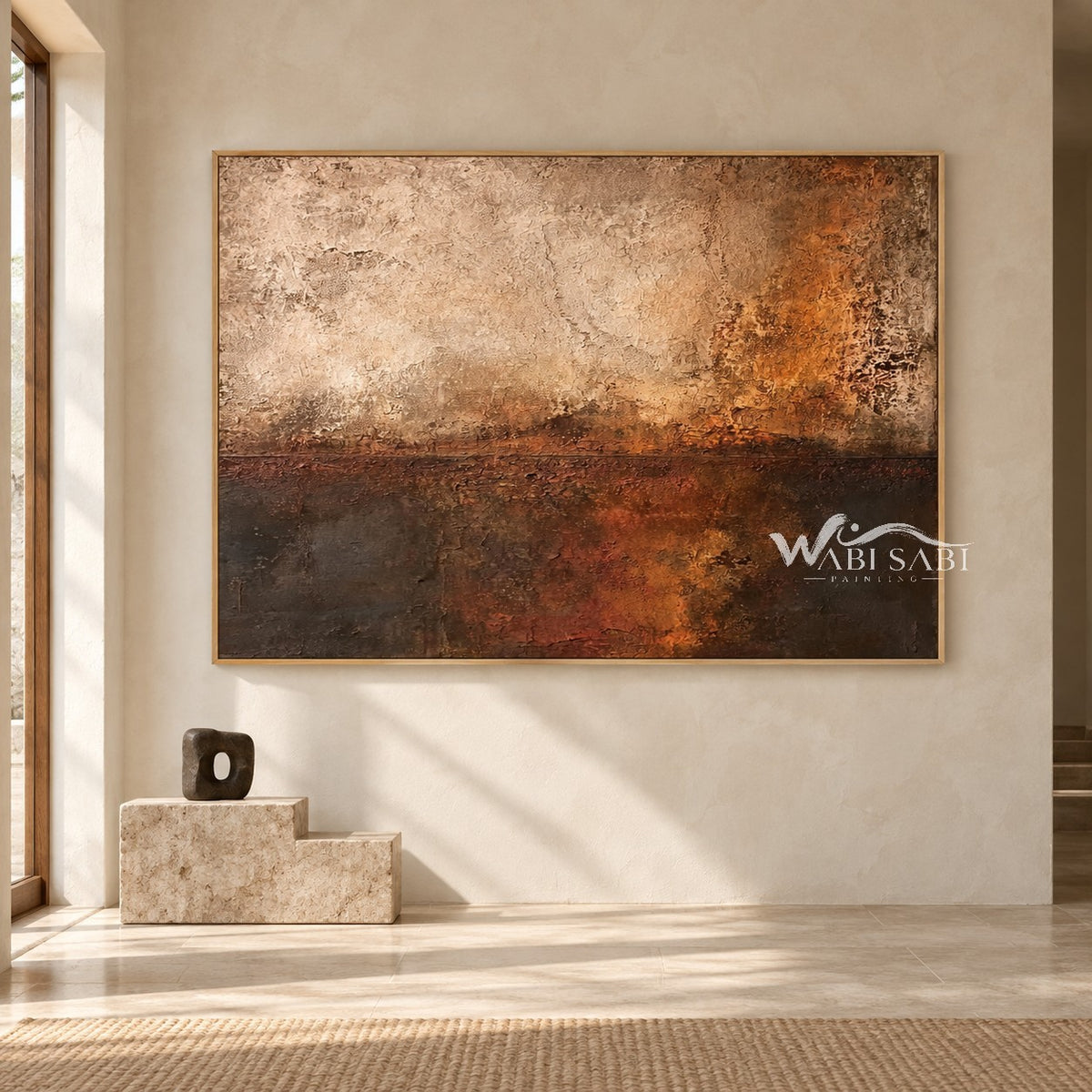 Copper Haze Abstract Canvas Art shown in an open interior.