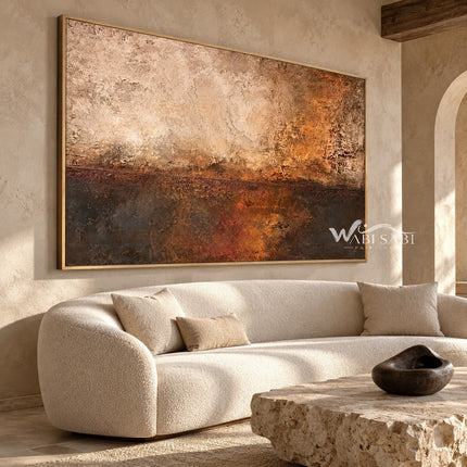 Copper Haze Abstract Canvas Art shown above a sofa.