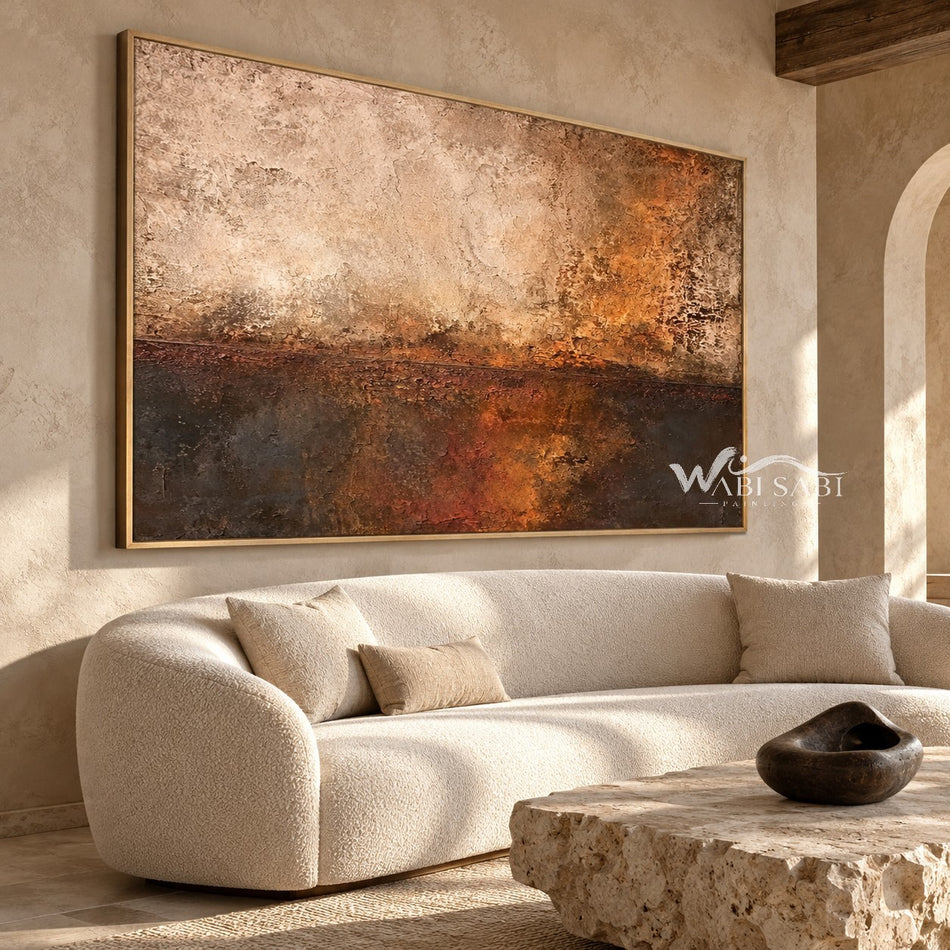 Copper Haze Abstract Canvas Art shown above a sofa.