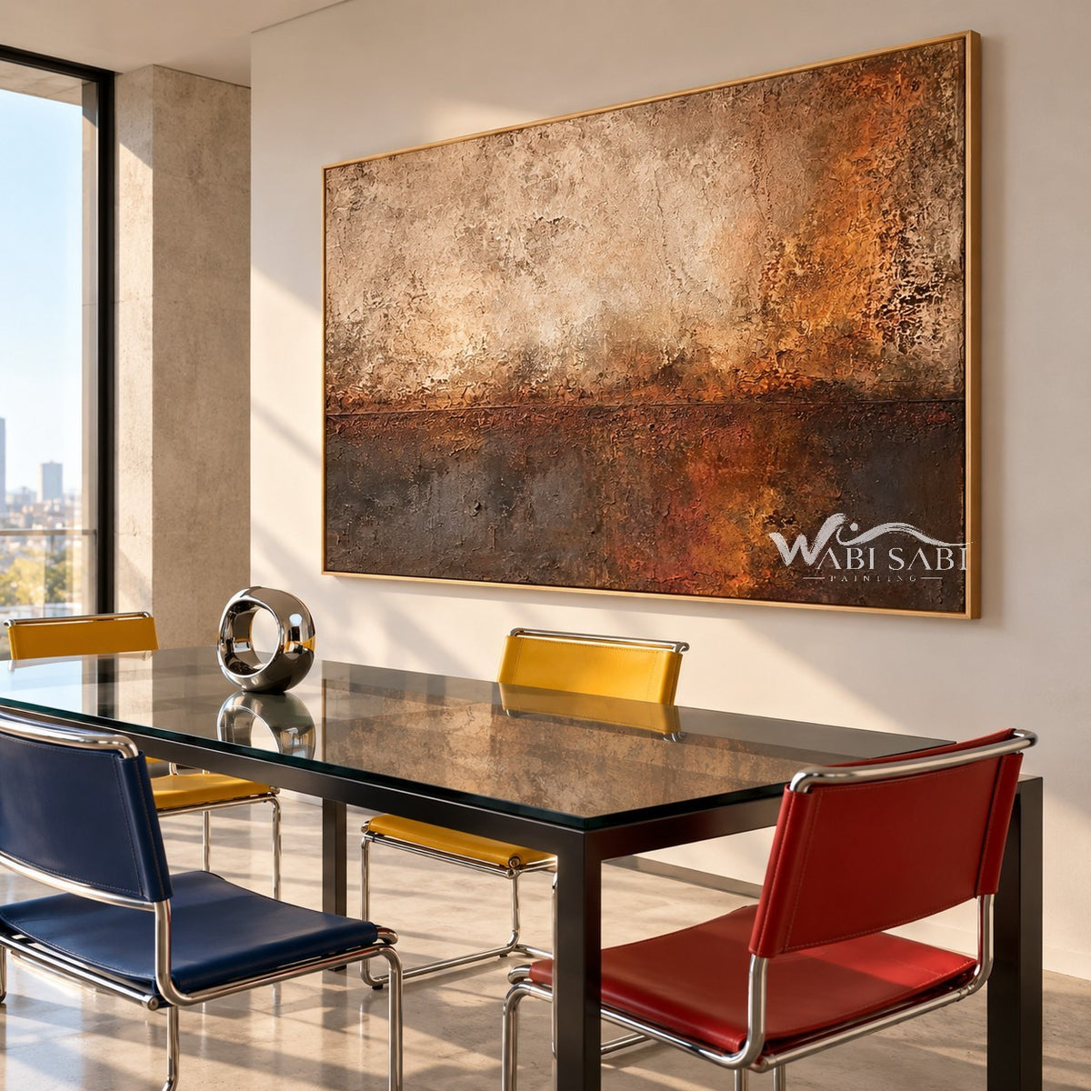 Copper Haze Abstract Canvas Art shown in a dining area.