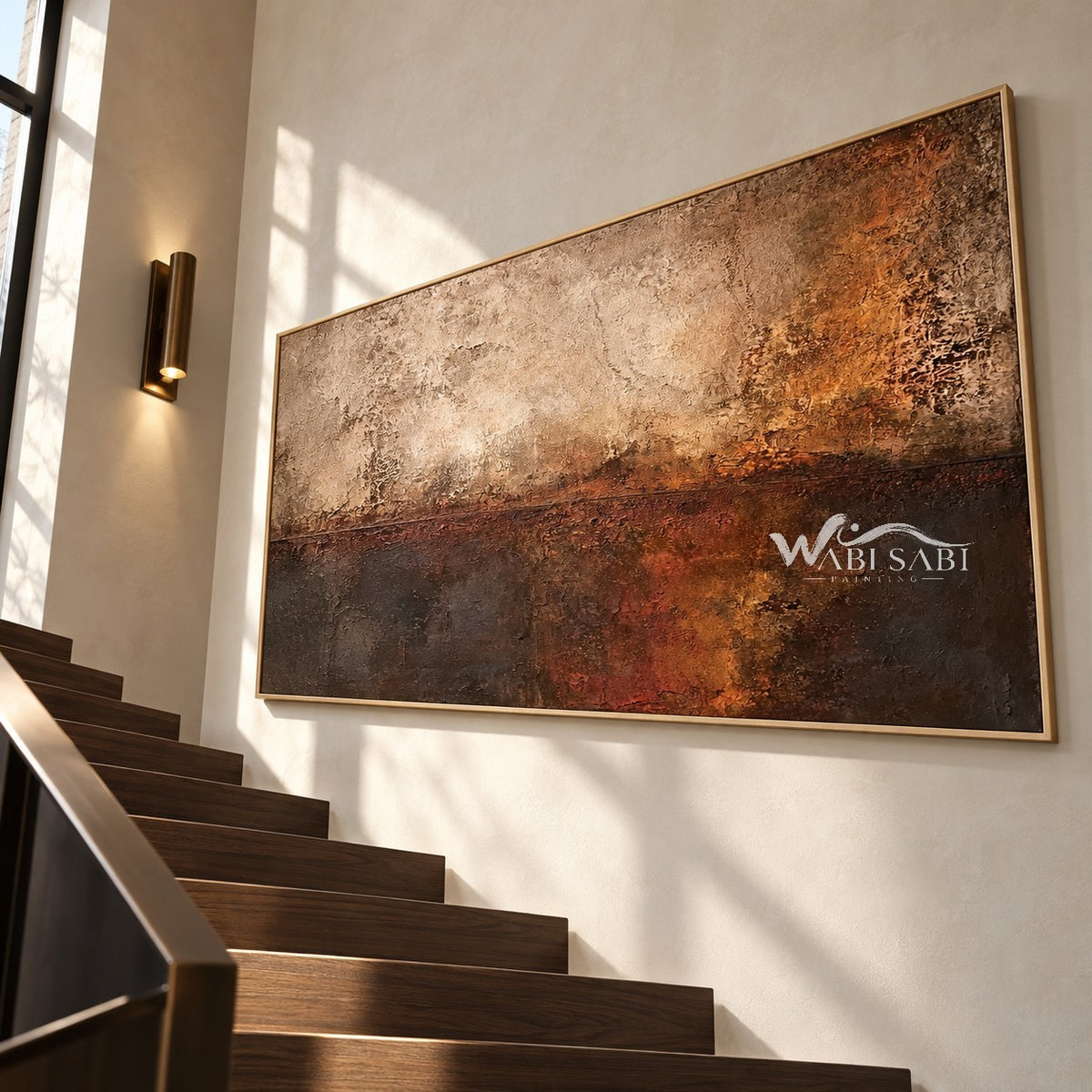 Copper Haze Abstract Canvas Art shown beside a staircase.