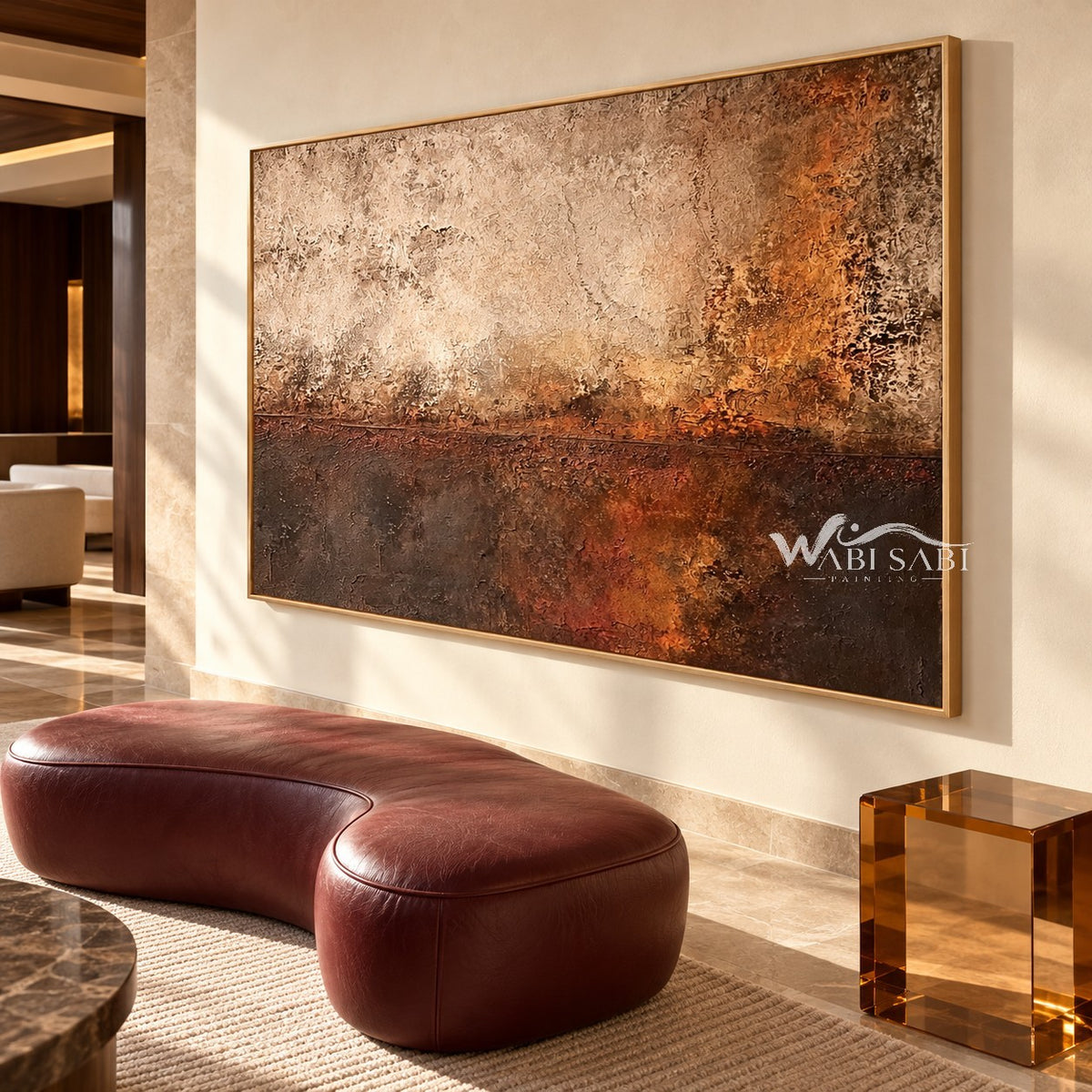 Copper Haze Abstract Canvas Art shown in a seating area.