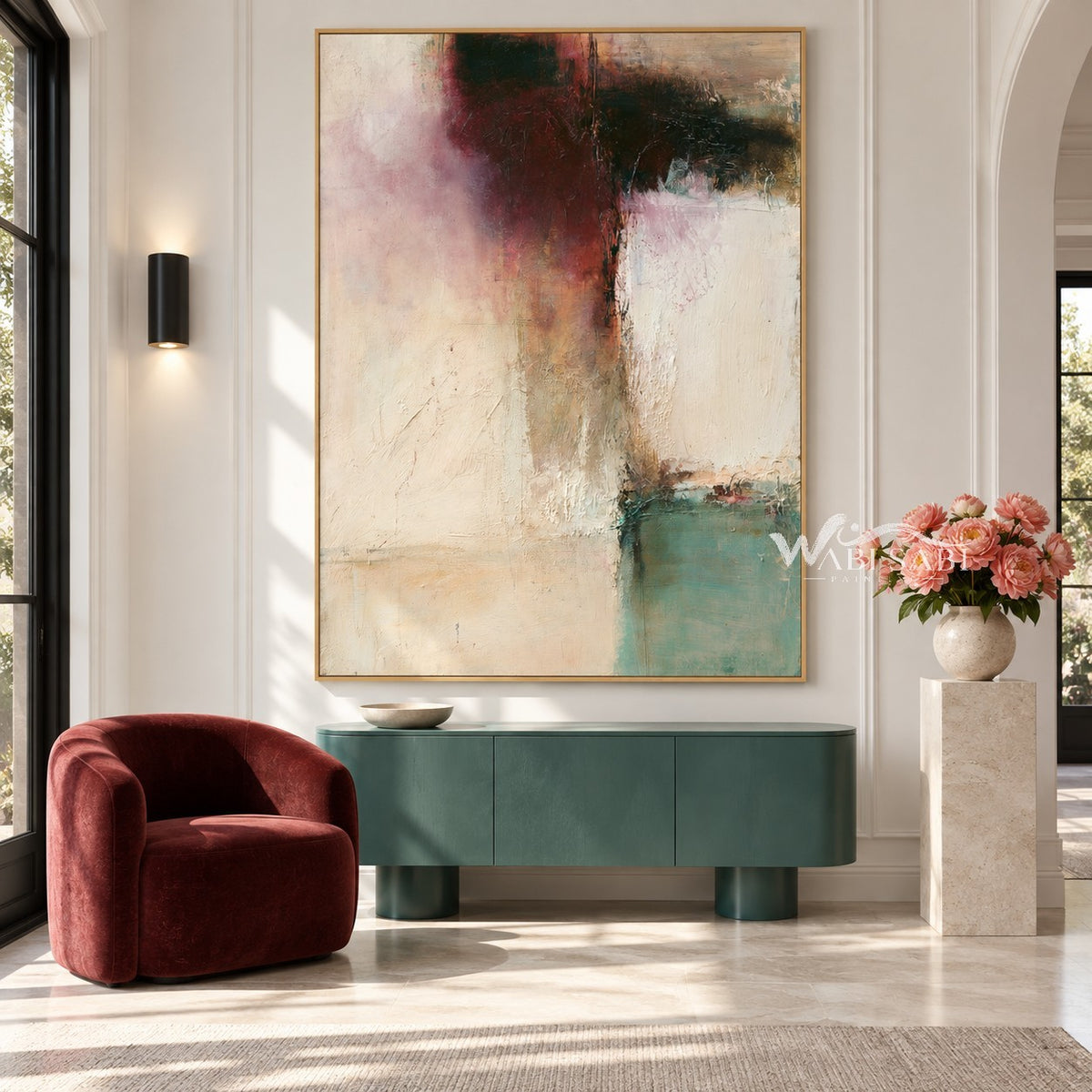 Cream Abstract Painting with Burgundy and Green Blocks shown above a console.