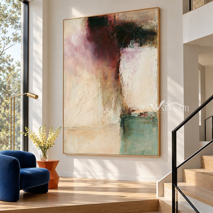 Cream Abstract Painting with Burgundy and Green Blocks shown beside a staircase.
