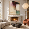Cream Abstract Painting with Burgundy and Green Blocks shown near a fireplace.