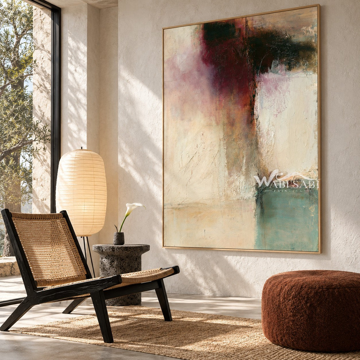 Cream Abstract Painting with Burgundy and Green Blocks shown in a reading area.