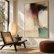 Cream Abstract Painting with Burgundy and Green Blocks shown in a reading area.