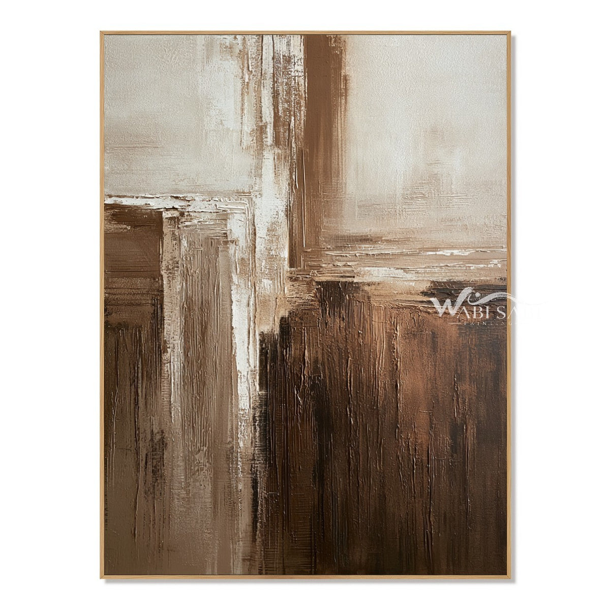 Cream and Brown Intersecting Blocks Wall Art. Long vertical brush marks.