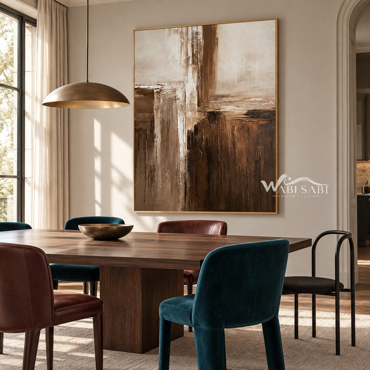 Cream and Brown Intersecting Blocks Wall Art shown above a dining table.