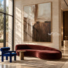 Cream and Brown Intersecting Blocks Wall Art shown above a burgundy sofa.