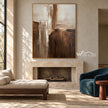 Cream and Brown Intersecting Blocks Wall Art shown above a fireplace.