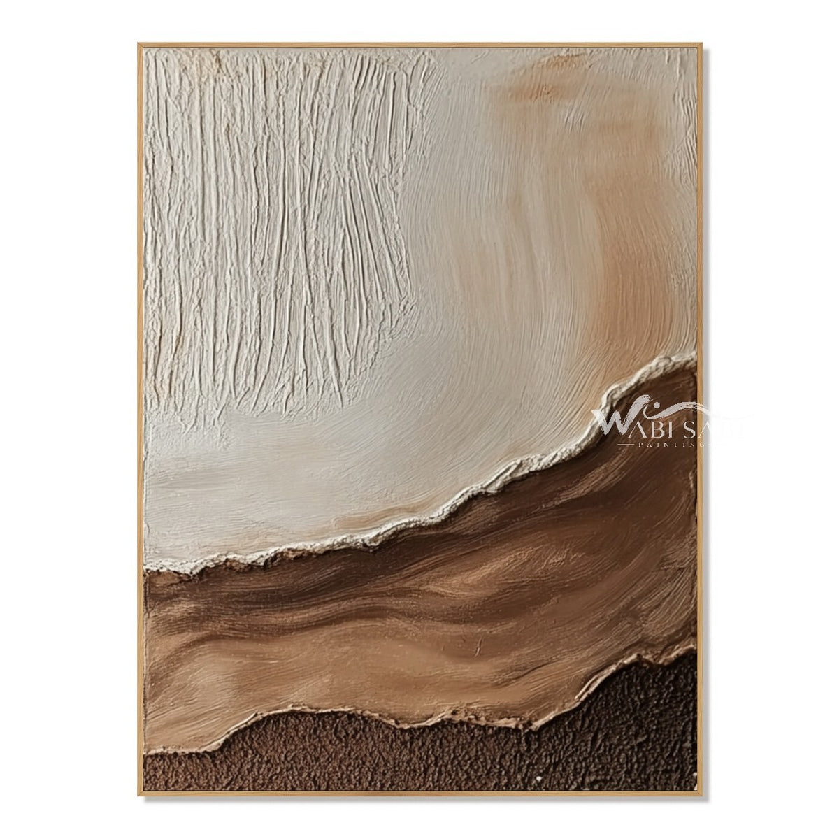 Cream and Brown Strata Textured Painting. Curved ridges above a dark base.