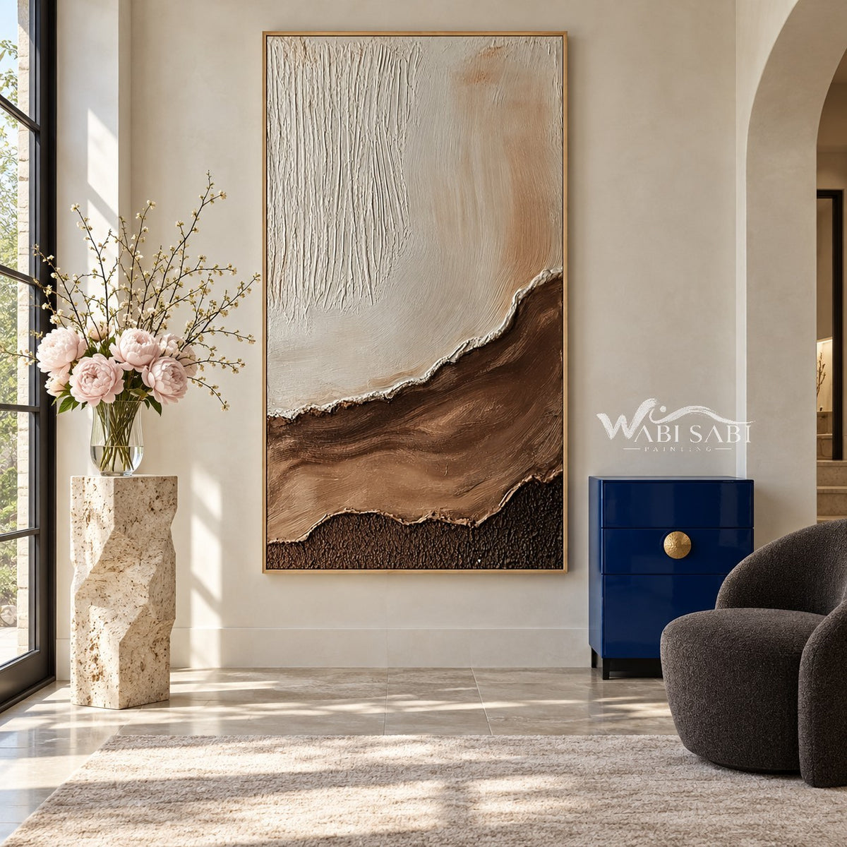 Cream and Brown Strata Textured Painting shown in an entryway.