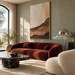 Cream and Brown Strata Textured Painting shown in a living room with a sofa.