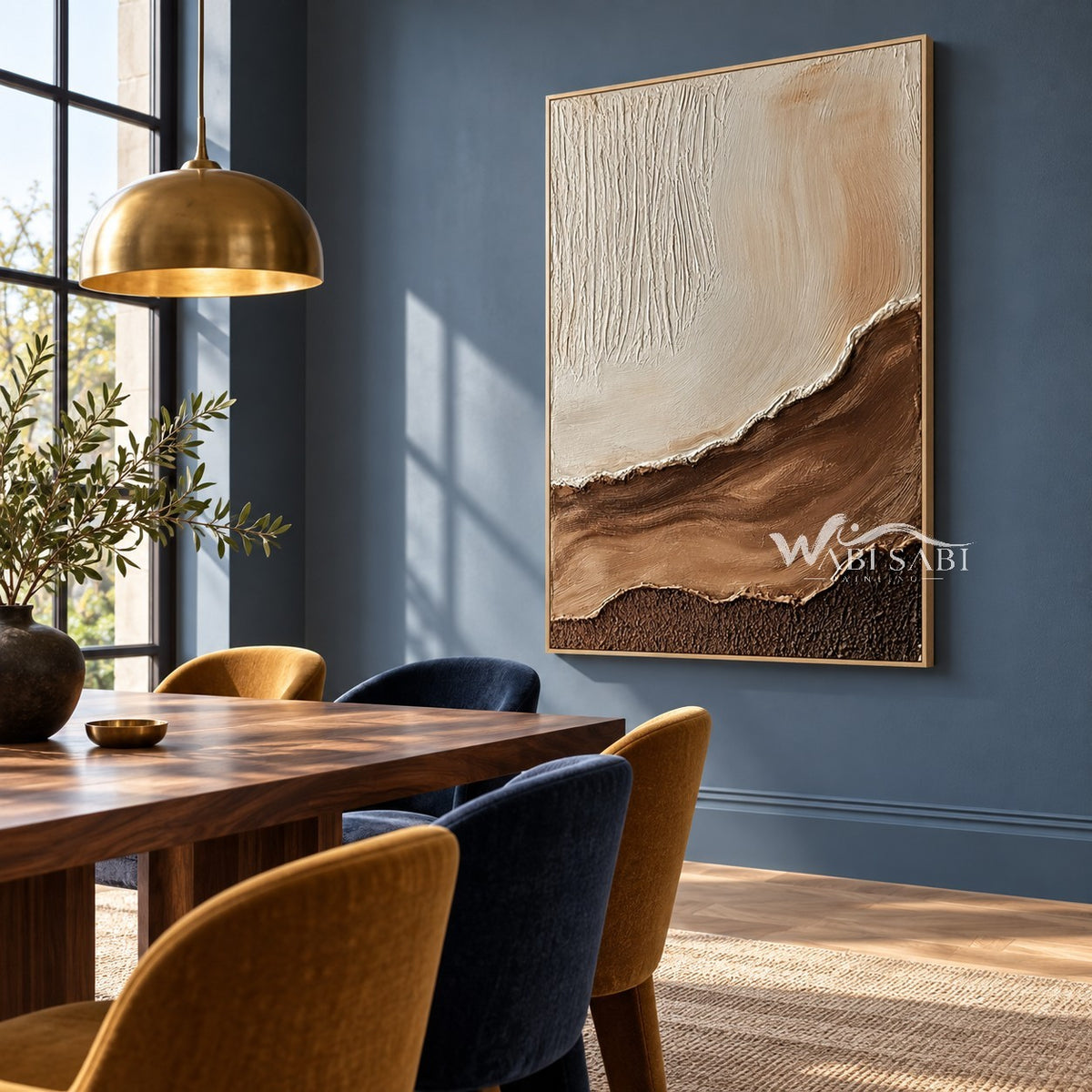 Cream and Brown Strata Textured Painting shown in a dining area.