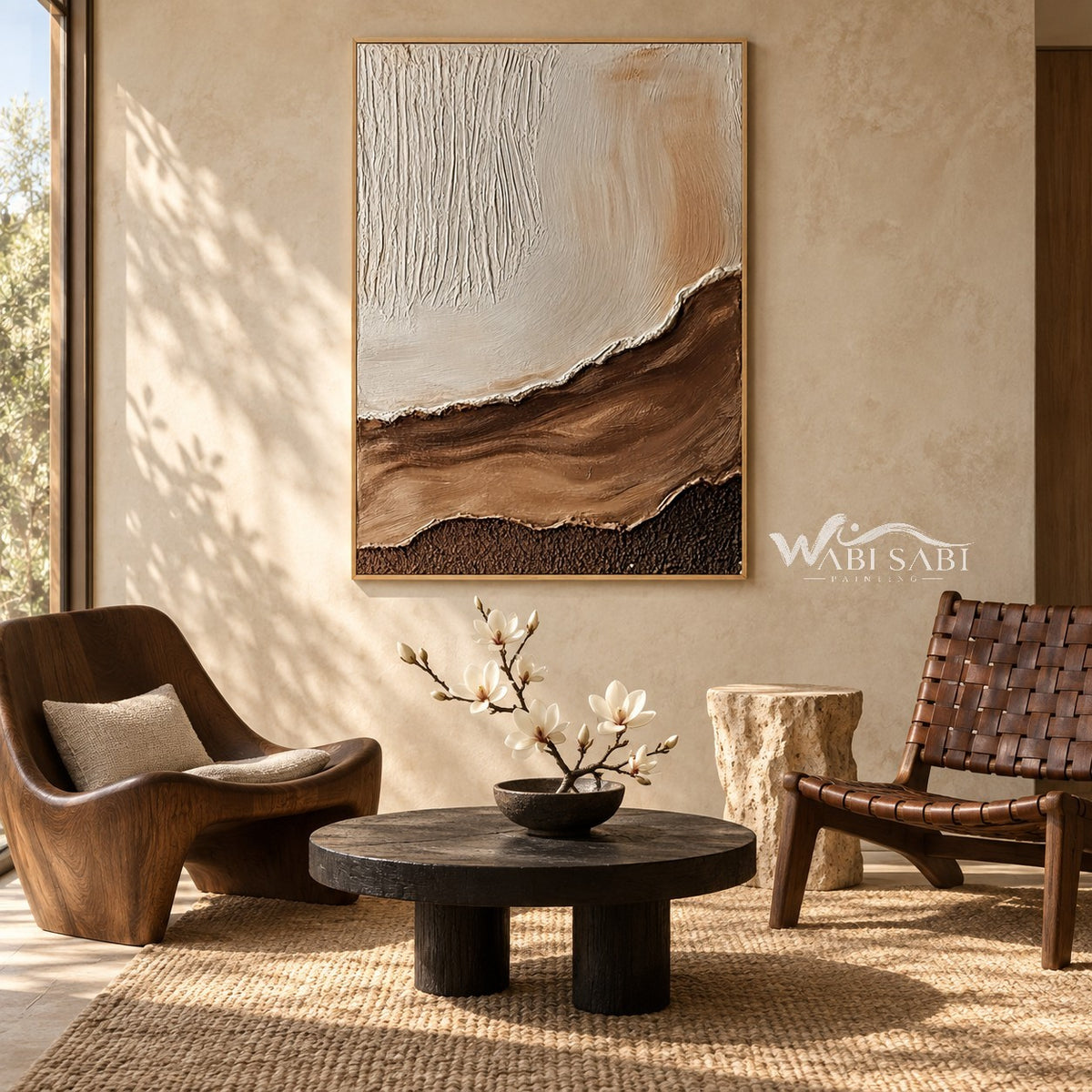 Cream and Brown Strata Textured Painting shown in a seating area.