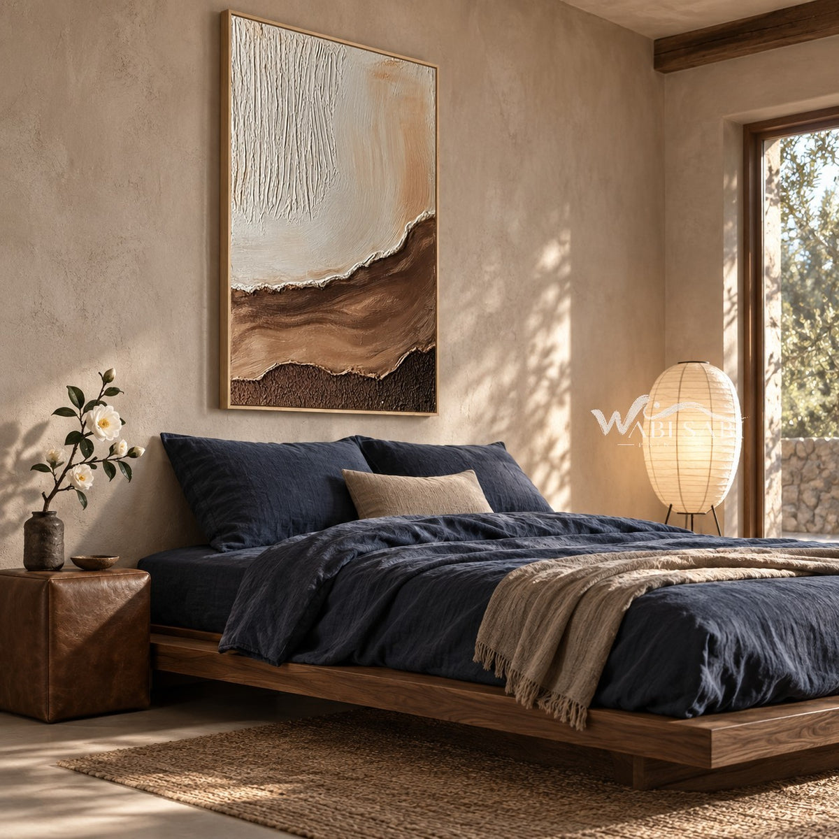Cream and Brown Strata Textured Painting shown in a bedroom.