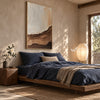 Cream and Brown Strata Textured Painting shown in a bedroom.