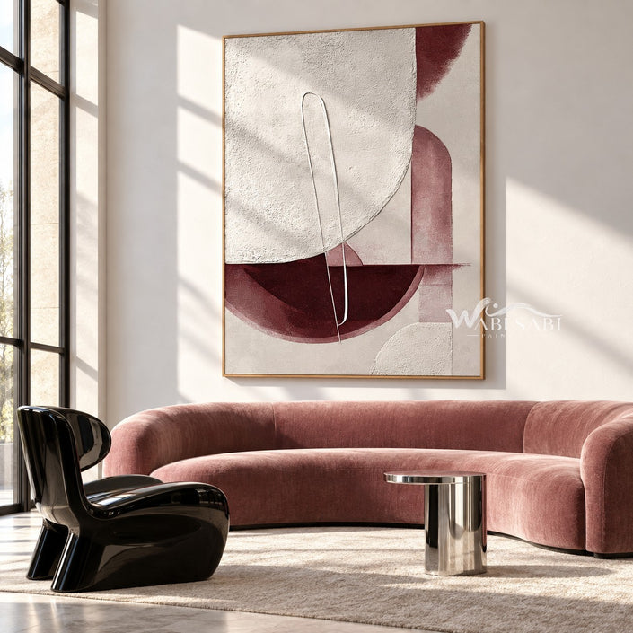 Cream and Burgundy Half Circle Painting shown in a living room with a sofa.