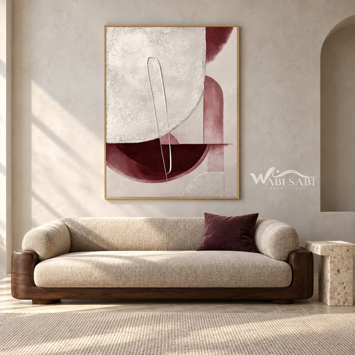 Cream and Burgundy Half Circle Painting shown in a living room with a sofa.