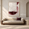 Cream and Burgundy Half Circle Painting shown in a living room with a sofa.