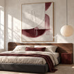 Cream and Burgundy Half Circle Painting shown in a bedroom.
