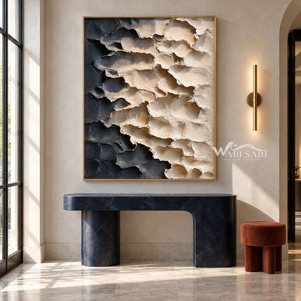 Cream and Charcoal Layered Forms Wall Art shown above a blue console.