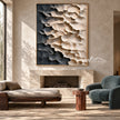Cream and Charcoal Layered Forms Wall Art shown above a fireplace.