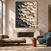 Cream and Charcoal Layered Forms Wall Art shown above a fireplace.
