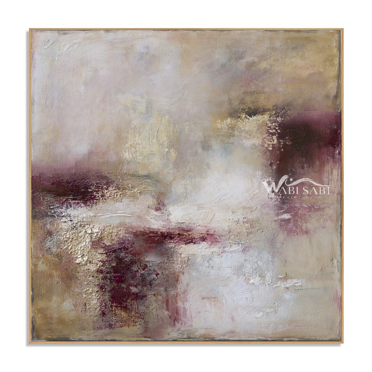 Cream and Plum Weathered Abstract Painting. Broken patches with gold-colored details.