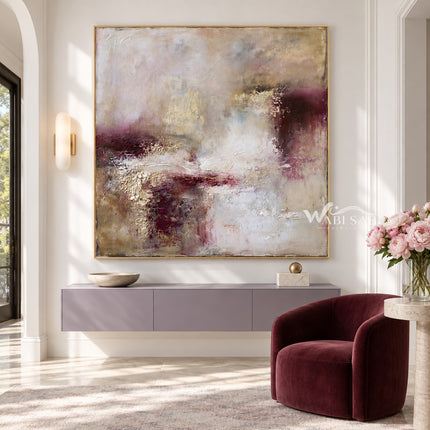 Cream and Plum Weathered Abstract Painting shown above a console.