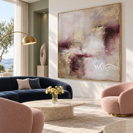 Cream and Plum Weathered Abstract Painting shown in a living room with a sofa.
