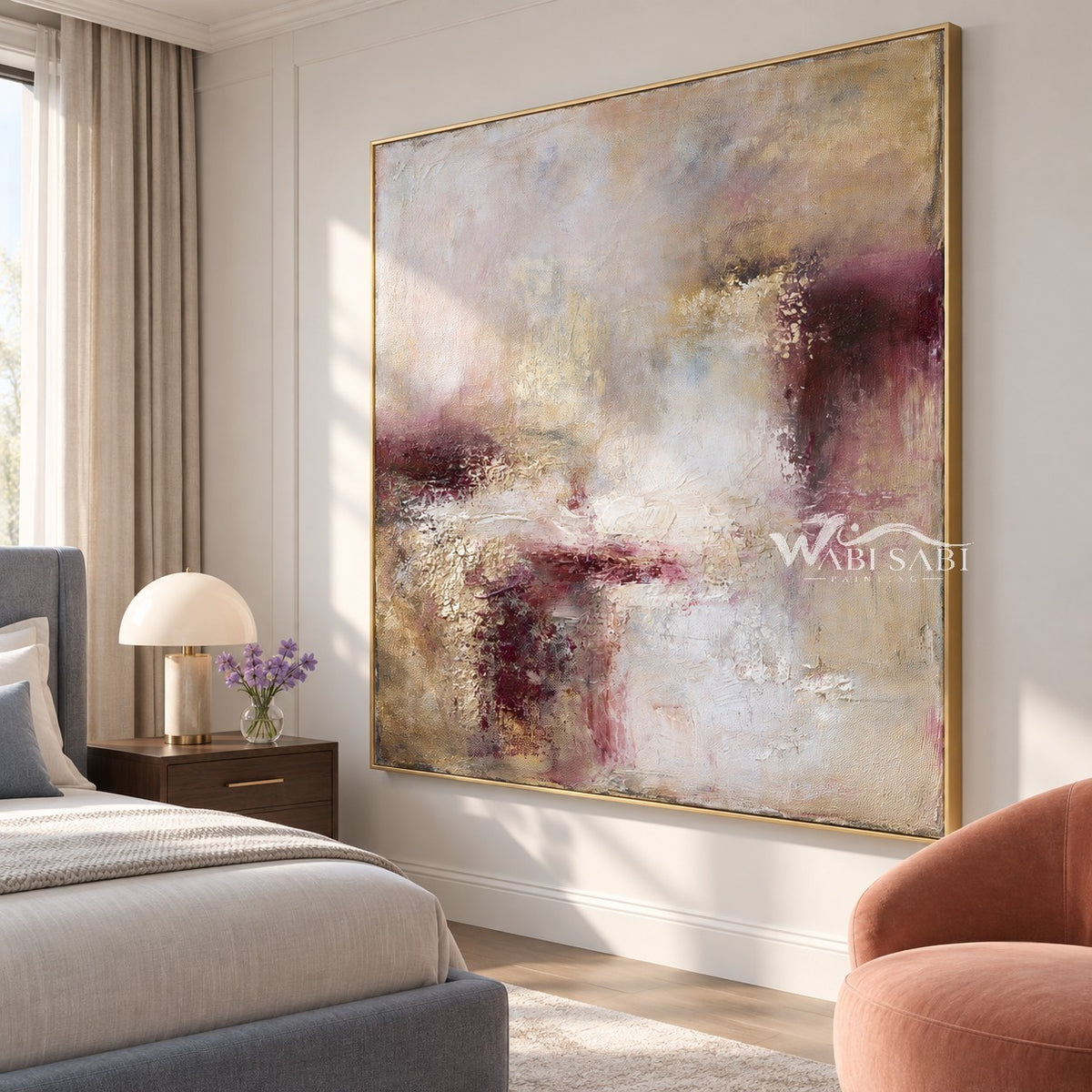 Cream and Plum Weathered Abstract Painting shown in a bedroom.