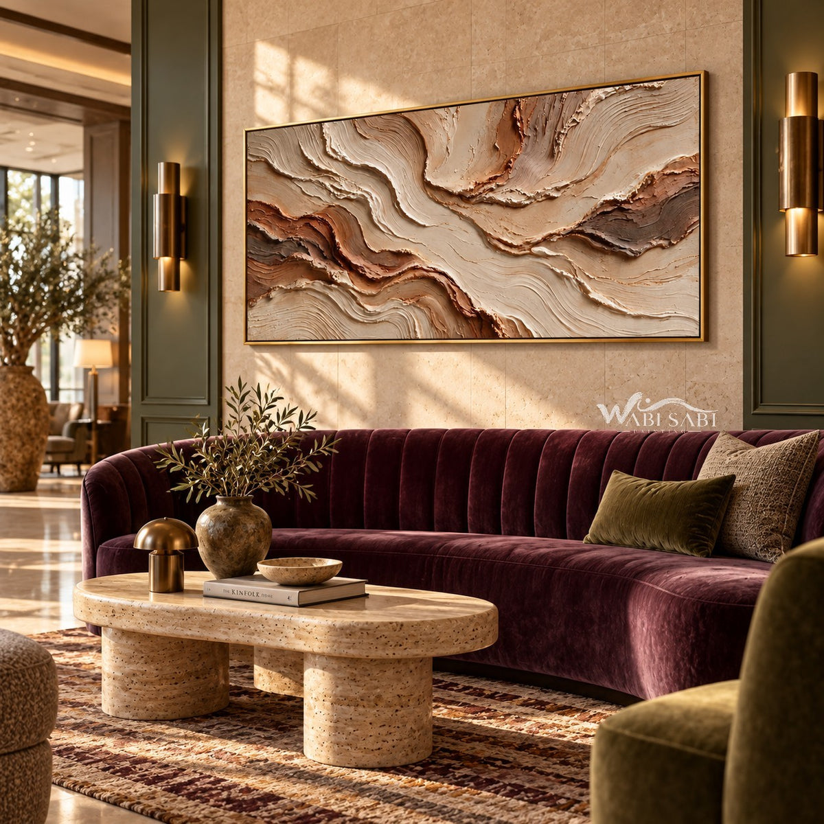 Cream and Rust Contour Panorama Wall Art shown above a burgundy sofa.