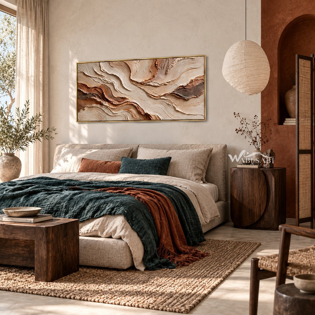 Cream and Rust Contour Panorama Wall Art shown above a bed with a green throw.
