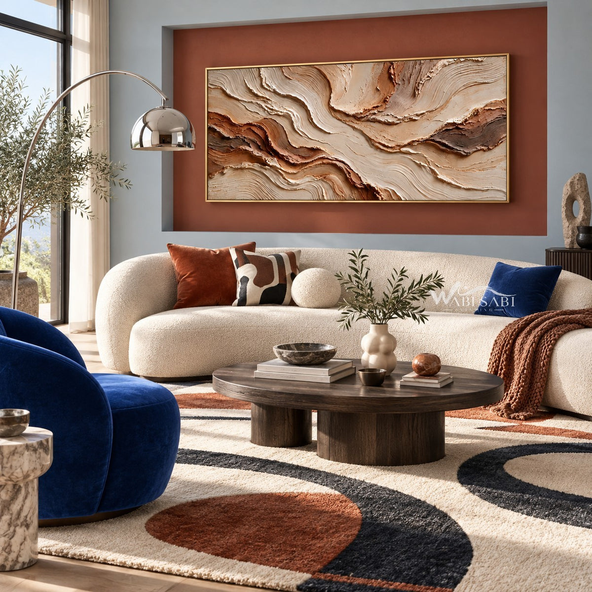 Cream and Rust Contour Panorama Wall Art shown above a cream sofa.