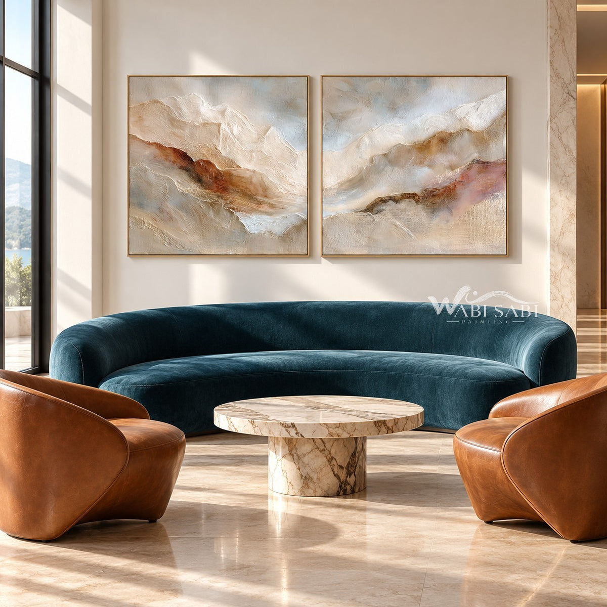 Cream and Rust Mountain Ridge Diptych shown in a living room with a sofa.