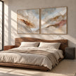 Cream and Rust Mountain Ridge Diptych shown in a bedroom.