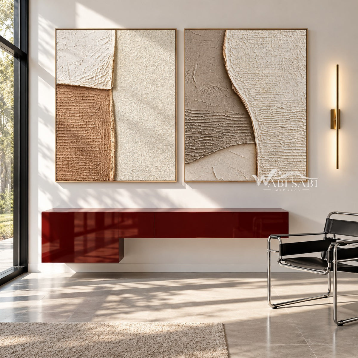 Cream and Tan Curved Texture Diptych shown above a console.