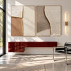 Cream and Tan Curved Texture Diptych shown above a console.