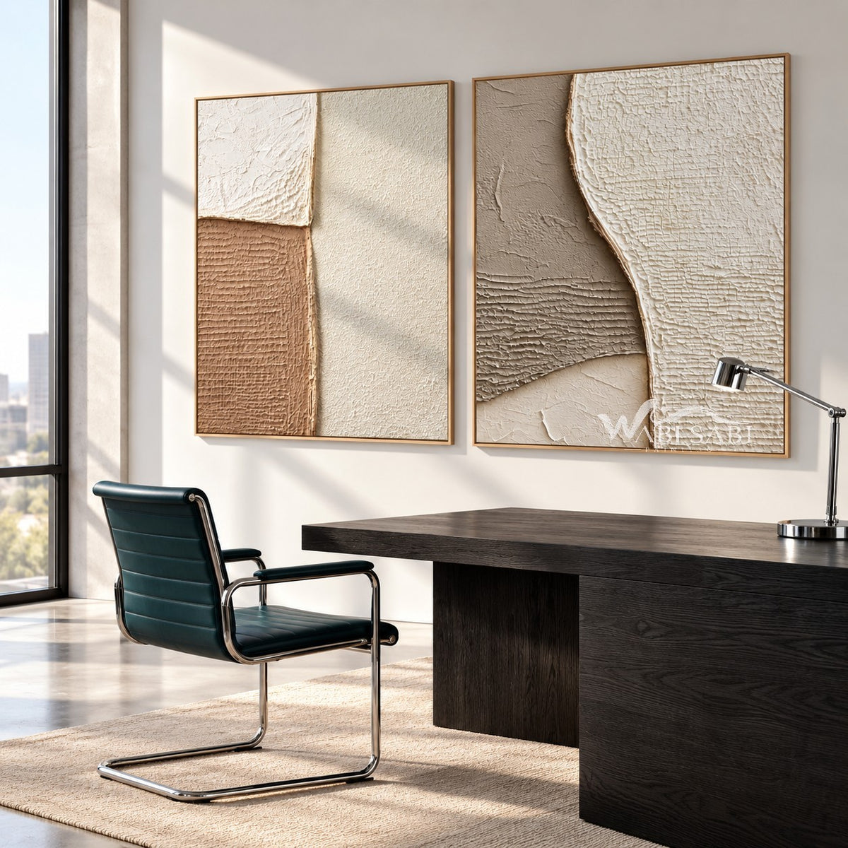 Cream and Tan Curved Texture Diptych shown in a workspace.