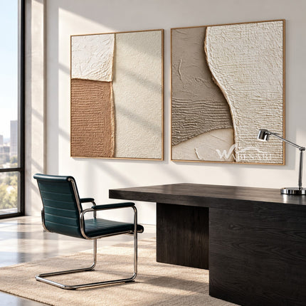 Cream and Tan Curved Texture Diptych shown in a workspace.