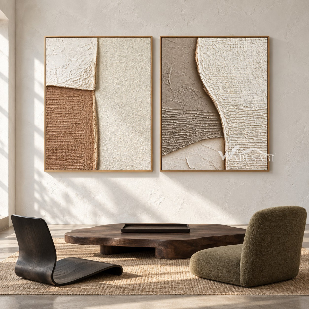 Cream and Tan Curved Texture Diptych shown in a seating area.