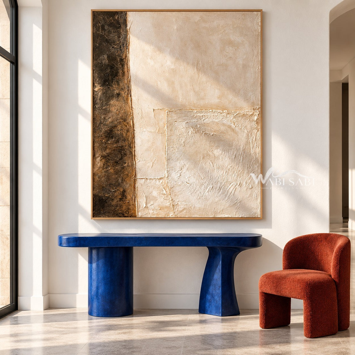 Cream Blocks with a Dark Brown Edge Painting shown above a console.