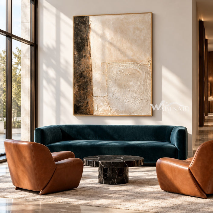 Cream Blocks with a Dark Brown Edge Painting shown in a living room with a sofa.