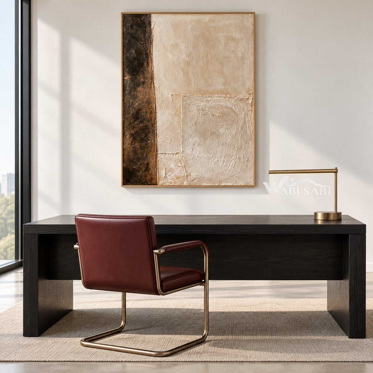 Cream Blocks with a Dark Brown Edge Painting shown in a workspace.