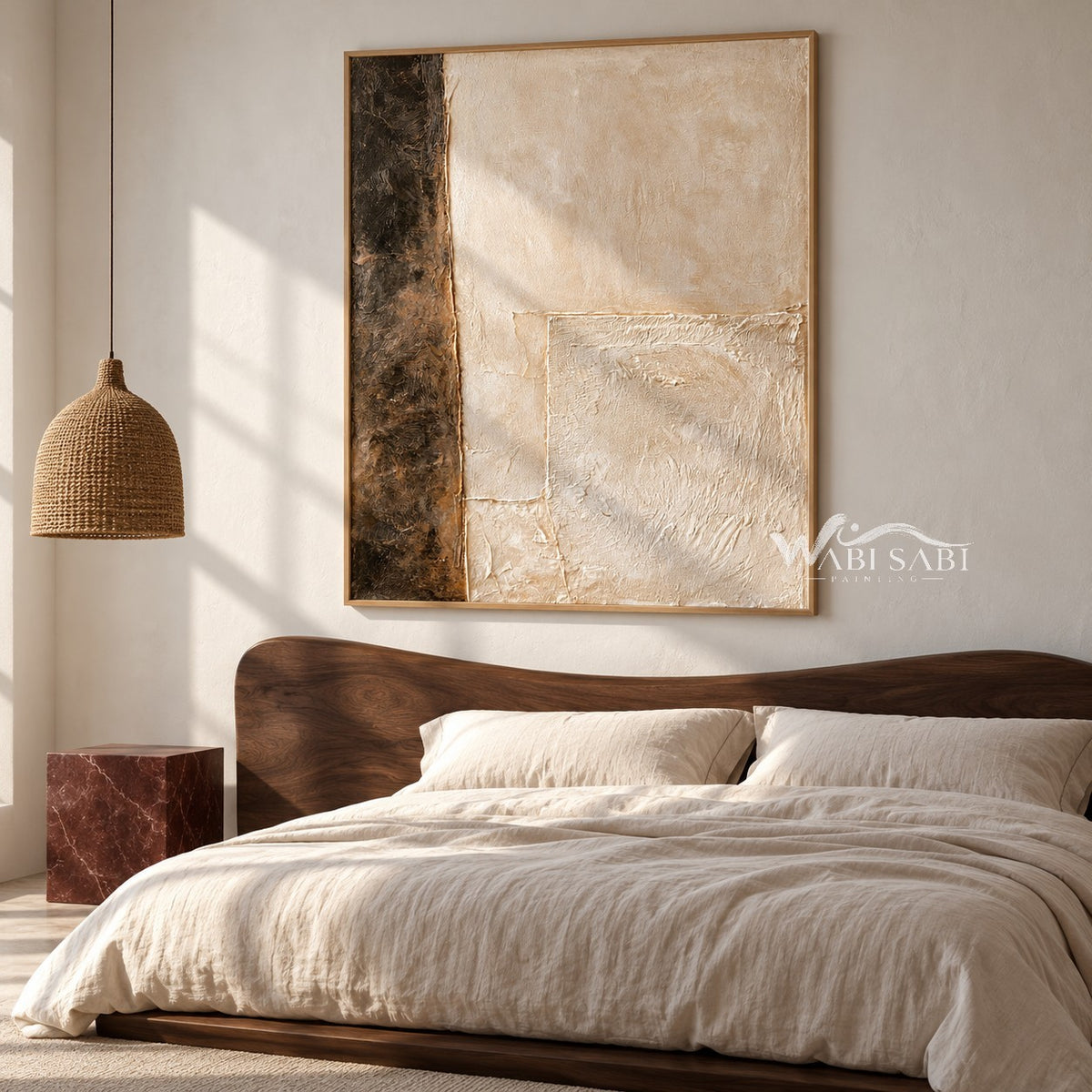 Cream Blocks with a Dark Brown Edge Painting shown in a bedroom.