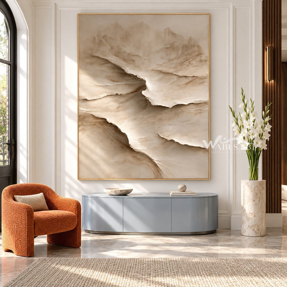 Cream Canyon Shelves Textured Painting shown above a console.