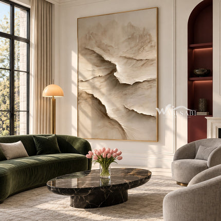 Cream Canyon Shelves Textured Painting shown in a living room with a sofa.